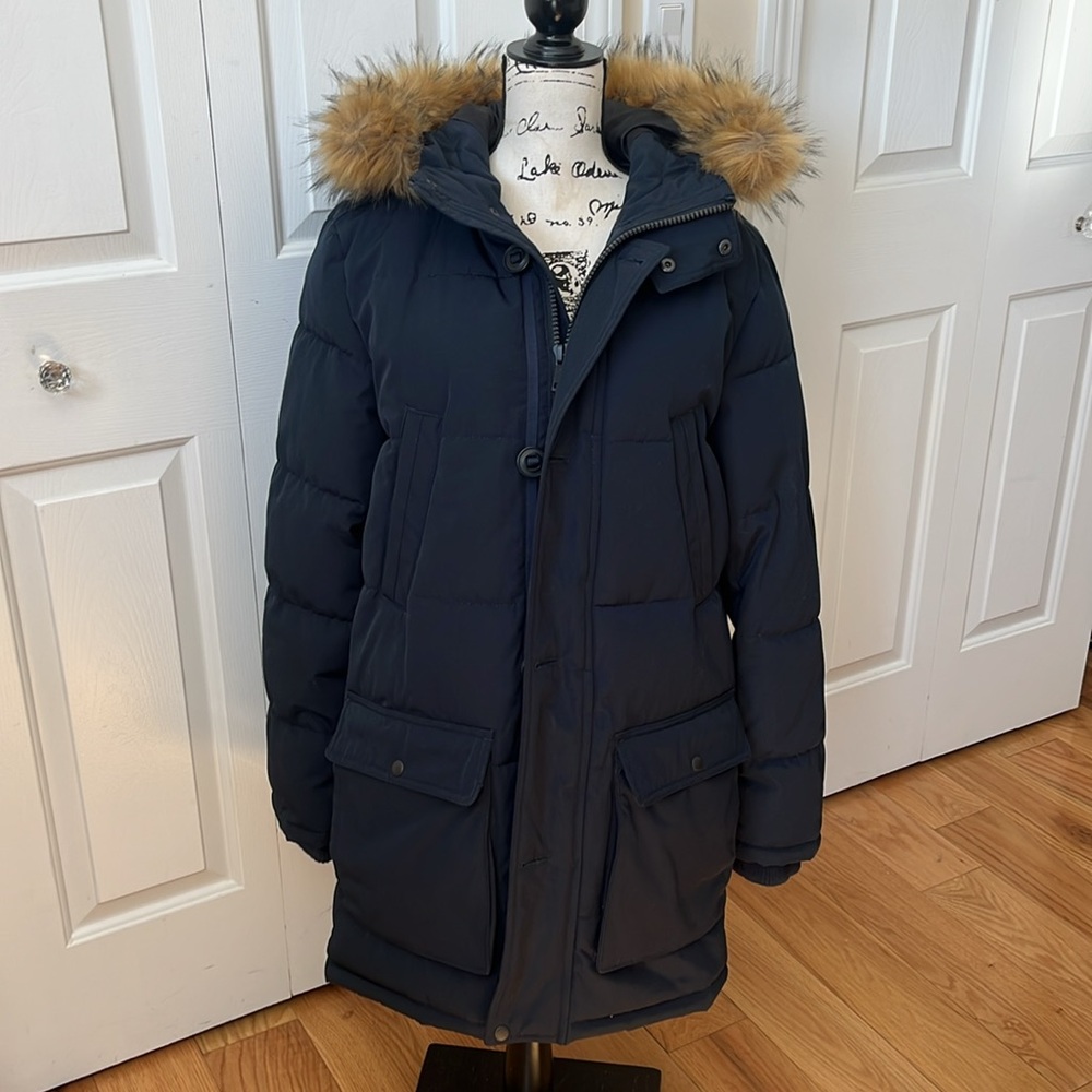 NWT Cole Hann Navy puffer jacket detachable faux fur trim Sz Small Medium